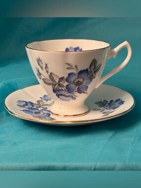 Vintage English Castle Bone China Teacup & Saucer - Blue/Grey/Gold